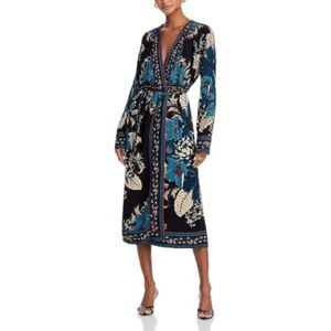 new Farm Rio blossom tapestry long sleeve midi wrap dress in blue black floral